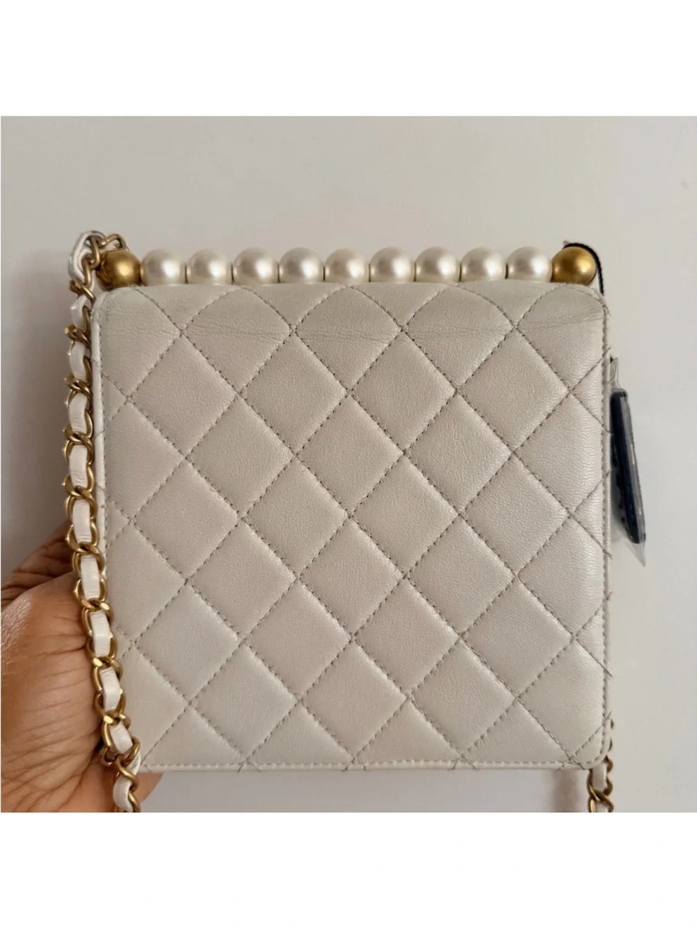 CHANEL White Quilted Leather Crossbody with Gold Chain Accent